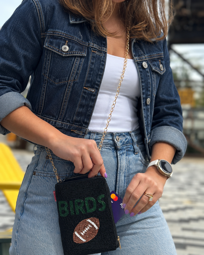 BIRDS black beaded cell phone crossbody styled for Philadelphia football game day