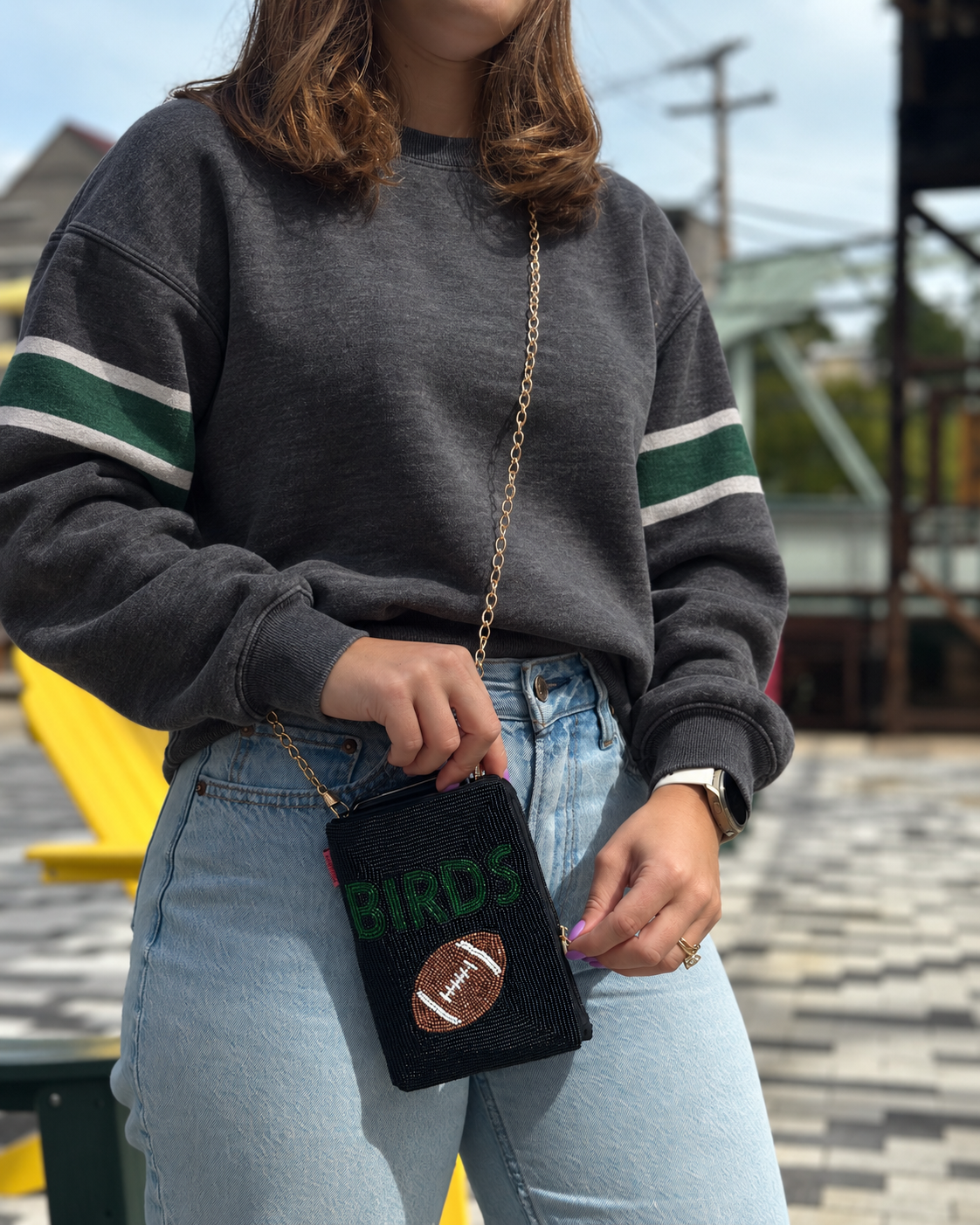 BIRDS black beaded cell phone crossbody styled for Philadelphia football game day