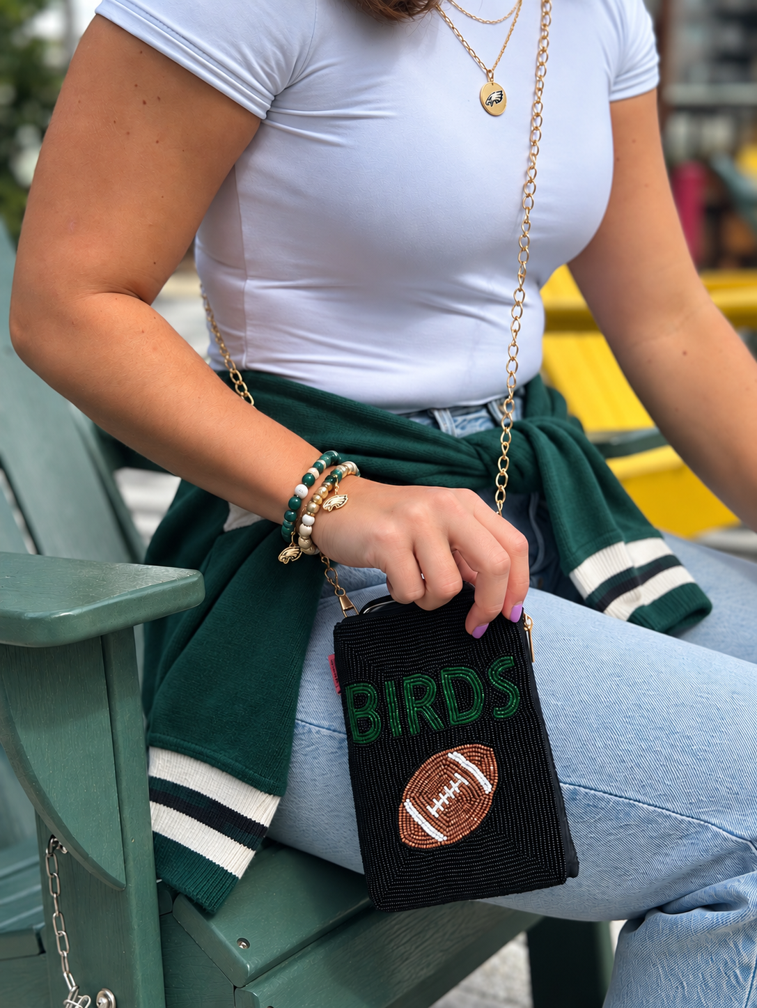 BIRDS black beaded cell phone crossbody styled for Philadelphia football game day