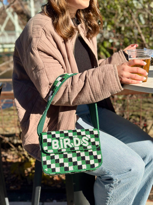 BIRDS green black and white checkered beaded shoulder bag