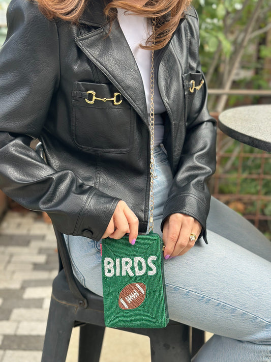 Green BIRDS beaded cell phone crossbody