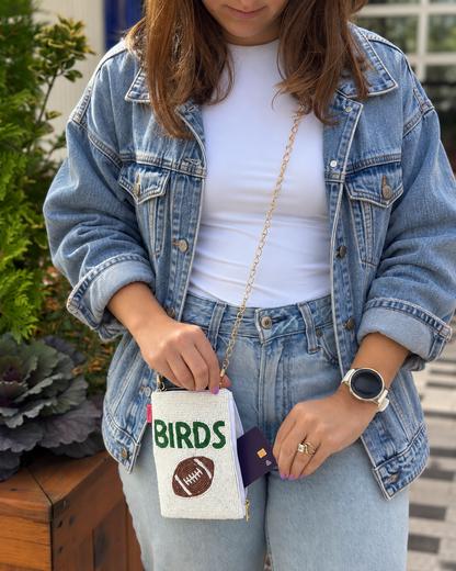 White BIRDS beaded cell phone crossbody styled for Philadelphia football game day
