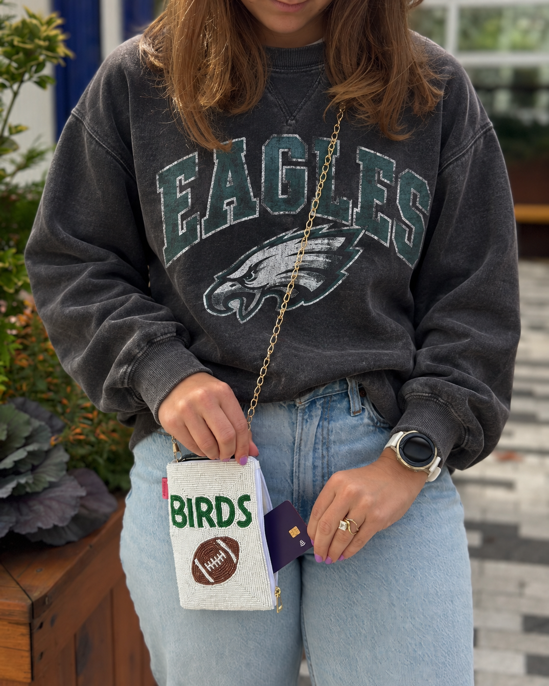 White BIRDS beaded cell phone crossbody styled for Philadelphia football game day