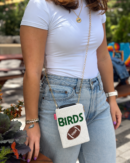 White BIRDS beaded cell phone crossbody styled for Philadelphia football game day