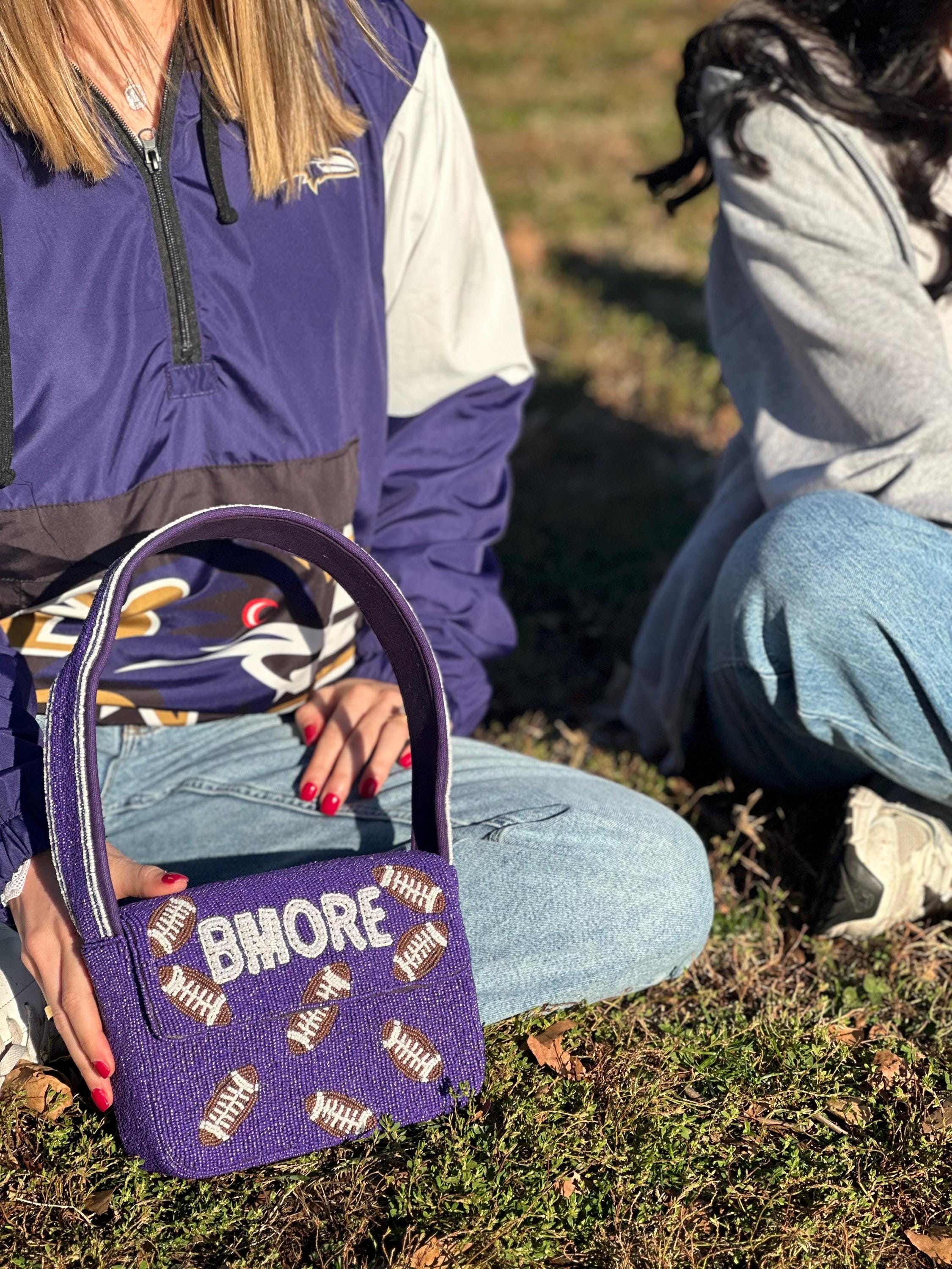 *PRE-ORDER* Baltimore Football | Purple & White 'BMORE' Beaded Bag- Variation 1 of 3