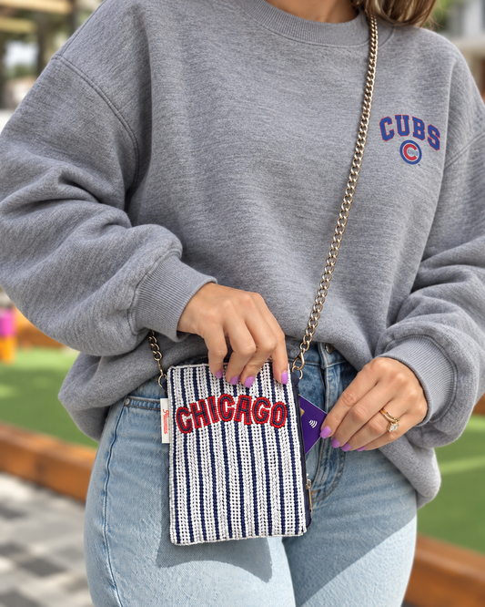 CHICAGO striped beaded cell phone crossbody styled with gray Cubs sweatshirt