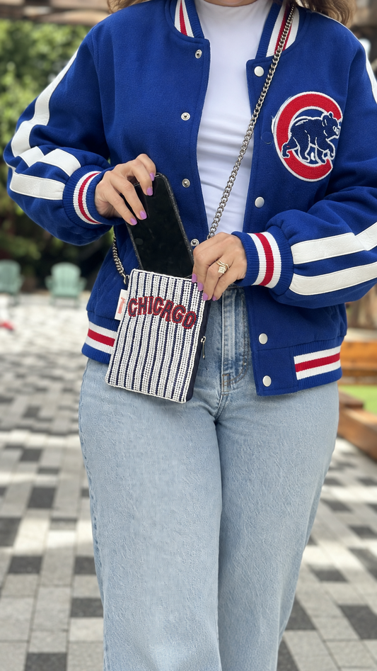 CHICAGO blue white and red striped beaded cell phone crossbody