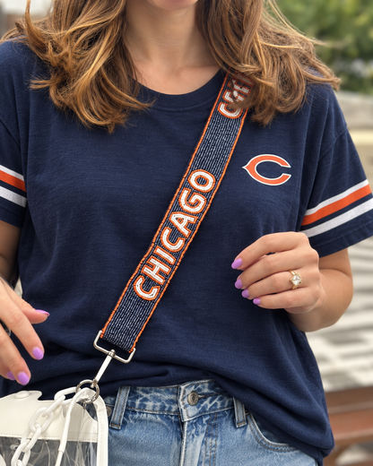 CHICAGO beaded strap styled with a navy Chicago football tee
