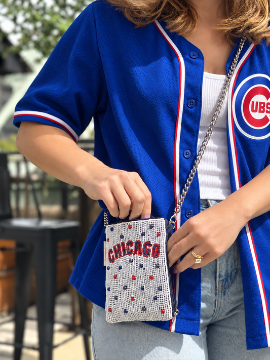 CHICAGO white red and blue beaded cell phone crossbody styled with blue baseball jersey
