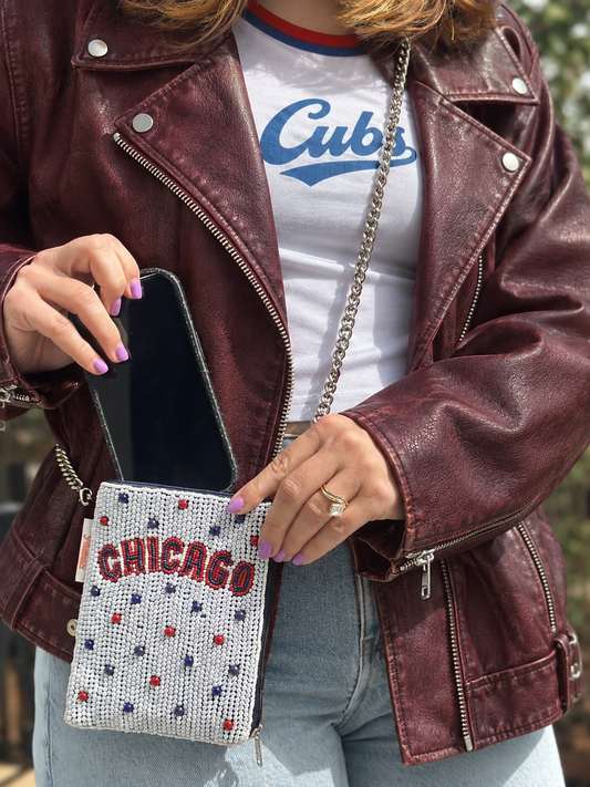 CHICAGO white red and blue beaded cell phone crossbody styled with burgundy leather jacket