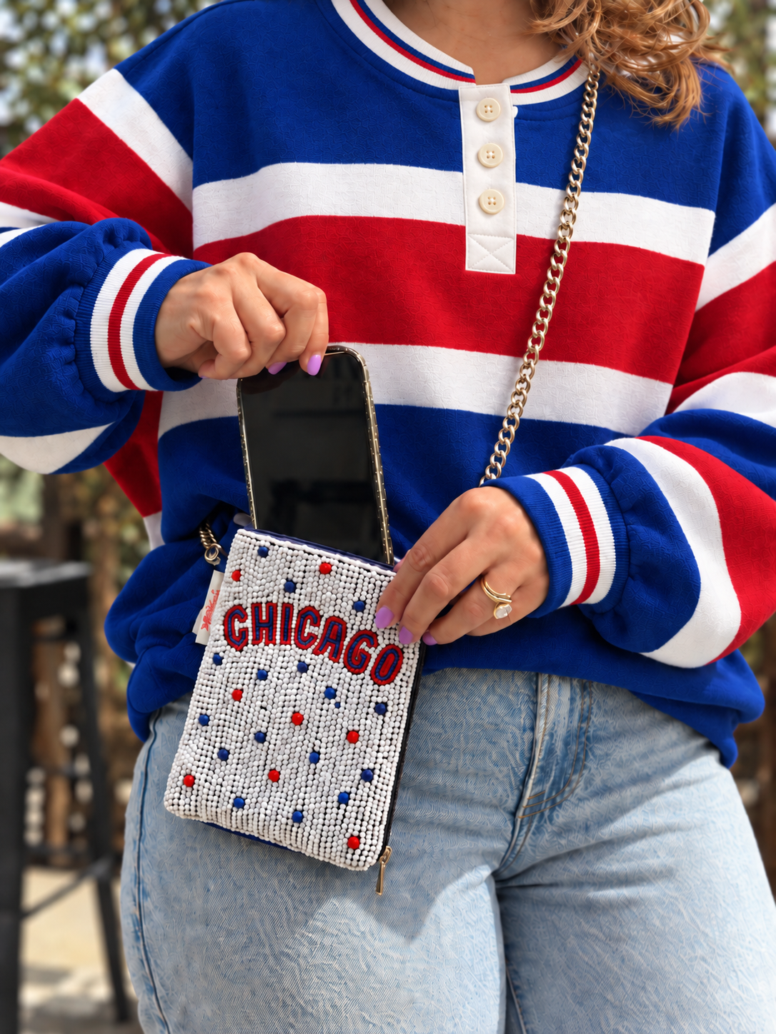 CHICAGO white red and blue beaded cell phone crossbody styled with red white and blue striped henley
