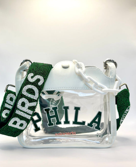 White Phila Stadium Approved Bag | Green & White + Birds Beaded Strap | Green & White