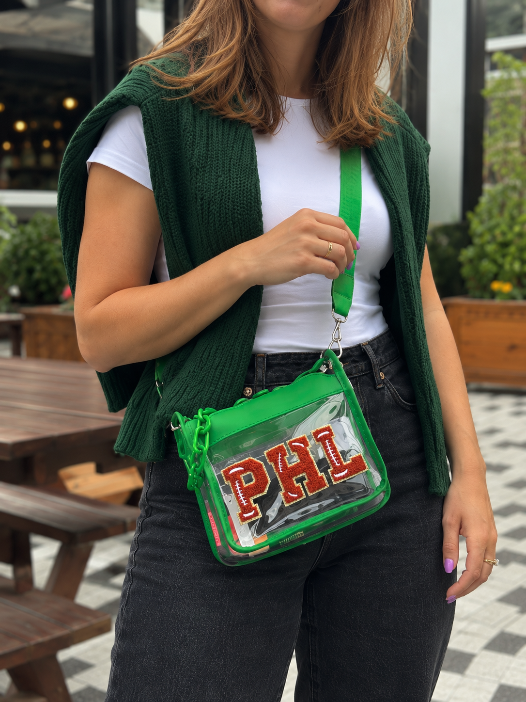 PHL Green Felt Letter Clear Crossbody Bag
