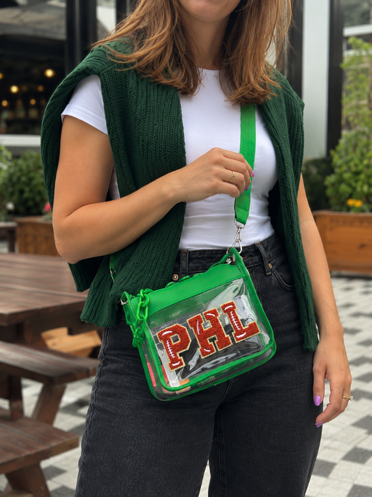 PHL Green Felt Letter Clear Crossbody Bag