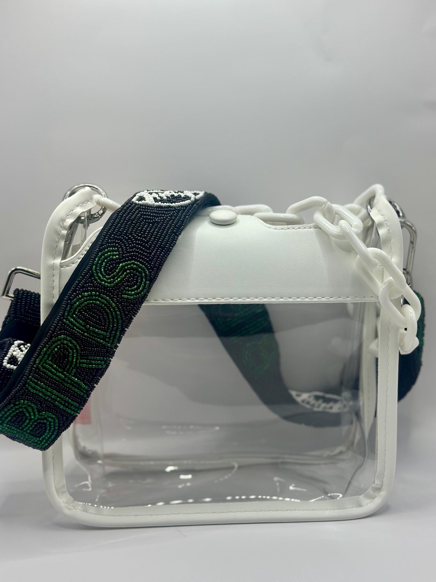 White Clear Crossbody Bag with Black BIRDS Beaded Strap
