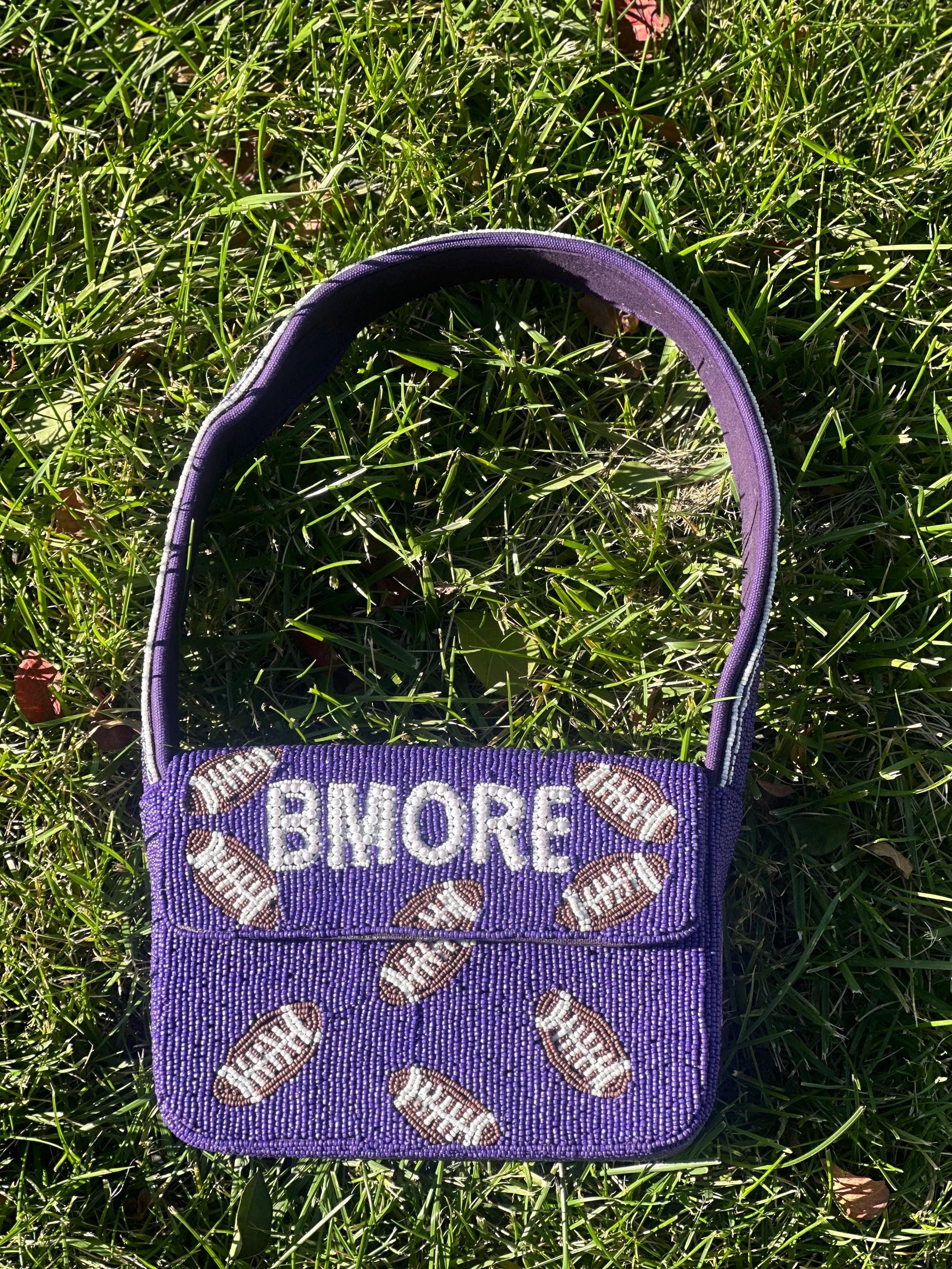 *PRE-ORDER* Baltimore Football | Purple & White 'BMORE' Beaded Bag- Variation 1 of 3