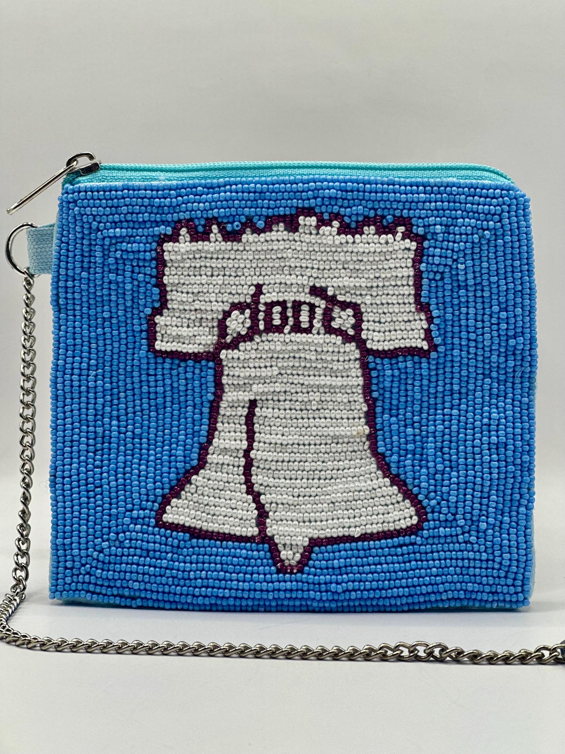 Philadelphia Liberty Bell Beaded Coin Purse – Powder Blue & White | Stadium Approved | Game Day Bag | Handmade Philly Pouch