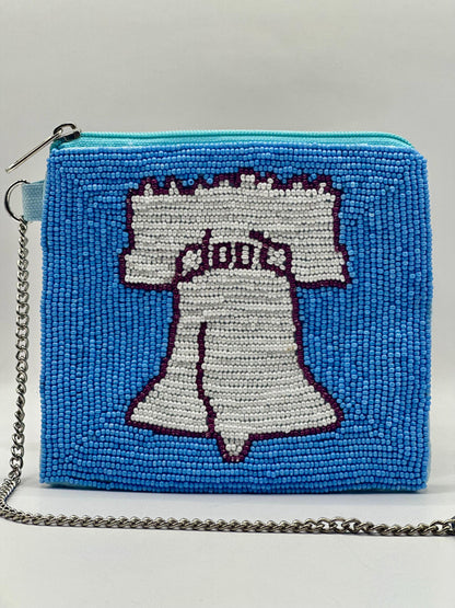 Philadelphia Liberty Bell Beaded Coin Purse – Powder Blue & White | Stadium Approved | Game Day Bag | Handmade Philly Pouch