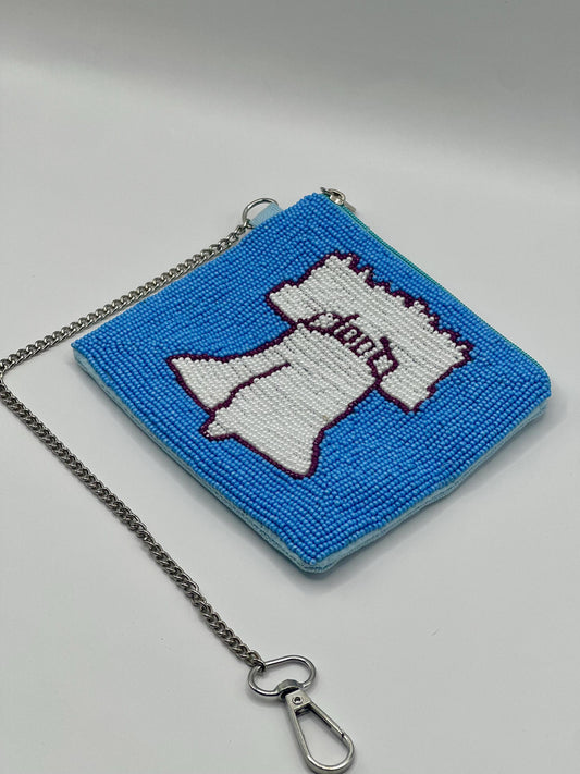 Philadelphia Liberty Bell Beaded Coin Purse – Powder Blue & White | Stadium Approved | Game Day Bag | Handmade Philly Pouch