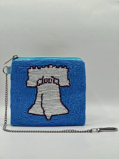 Philadelphia Liberty Bell Beaded Coin Purse – Powder Blue & White | Stadium Approved | Game Day Bag | Handmade Philly Pouch
