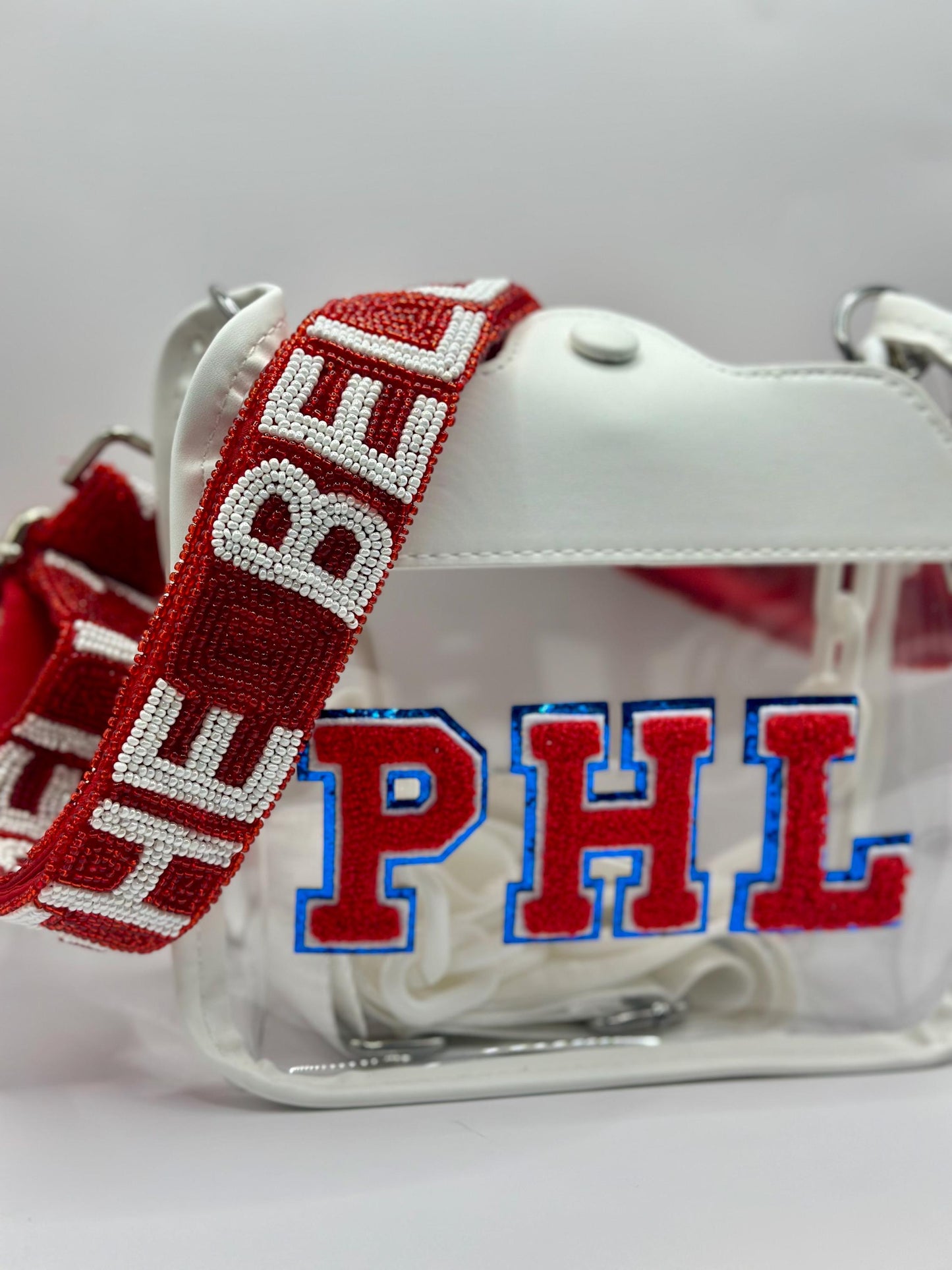 White PHL Stadium Approved Bag | Red & Blue + Ring the Bell Beaded Strap | Red & White