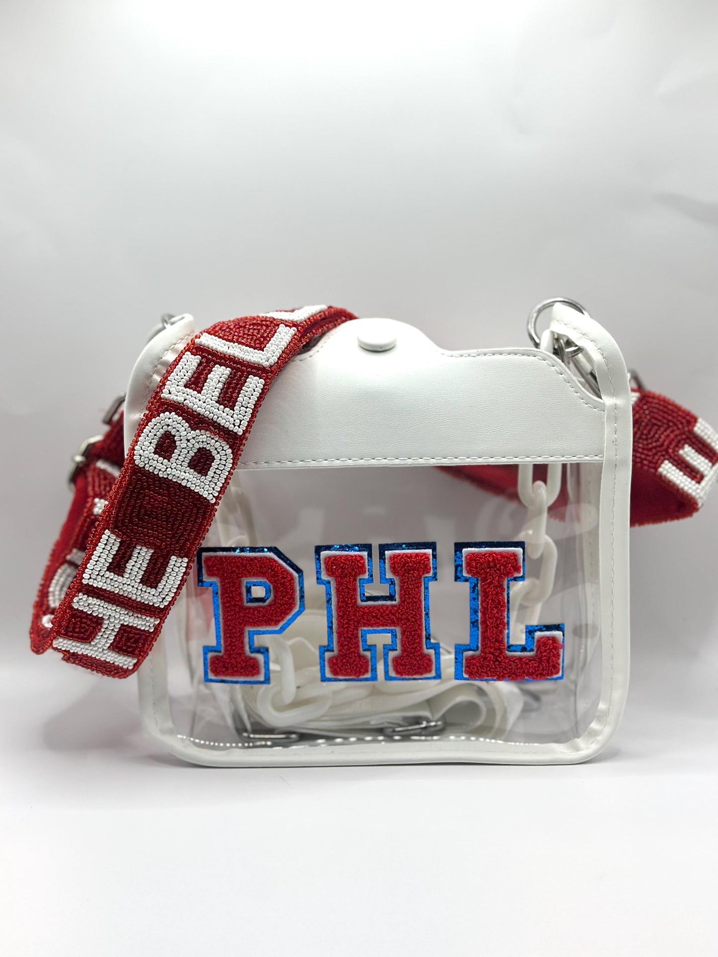 White PHL Stadium Approved Bag | Red & Blue + Ring the Bell Beaded Strap | Red & White