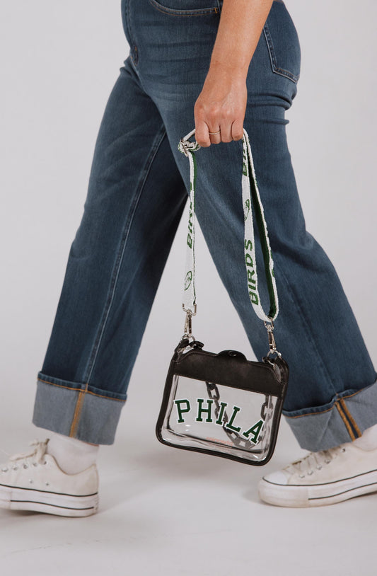 Black Phila Stadium Approved Bag  | Green & White + Birds Beaded Strap | White & Green