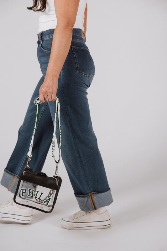 PHILA Black Clear Crossbody Bag with BIRDS Beaded Strap | Green & White