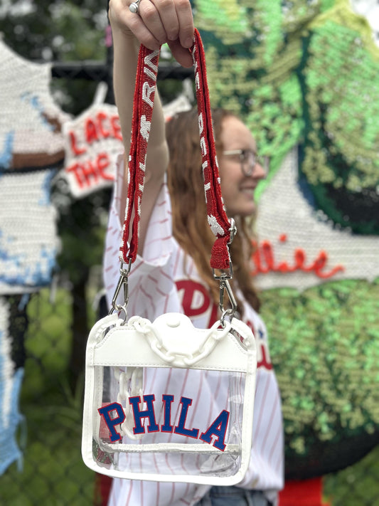 PHILA White Clear Crossbody Bag with RING THE BELL Beaded Strap | Blue & Red