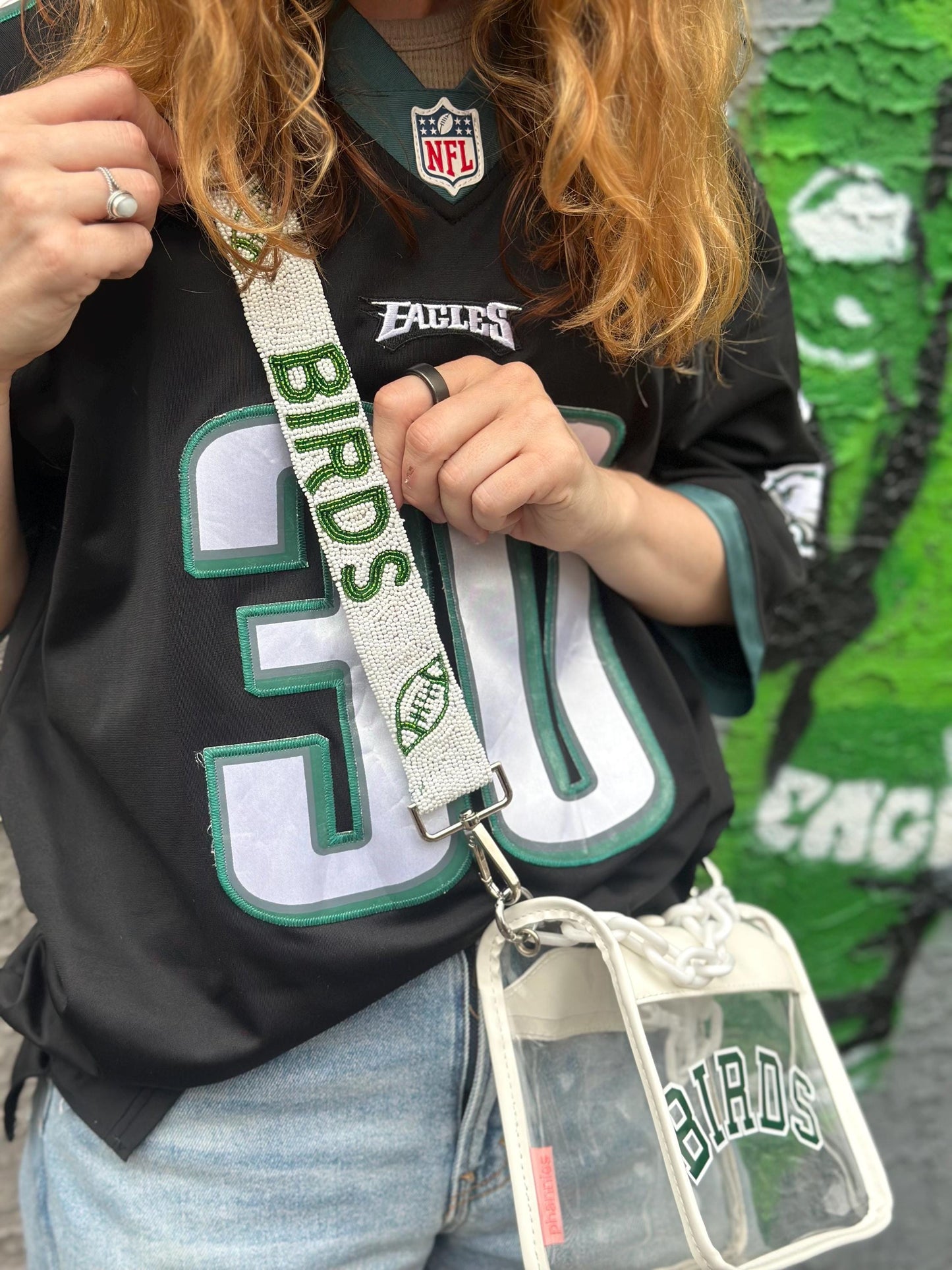 BIRDS Clear Crossbody Bag - White | Green & White | White BIRDS Beaded Strap