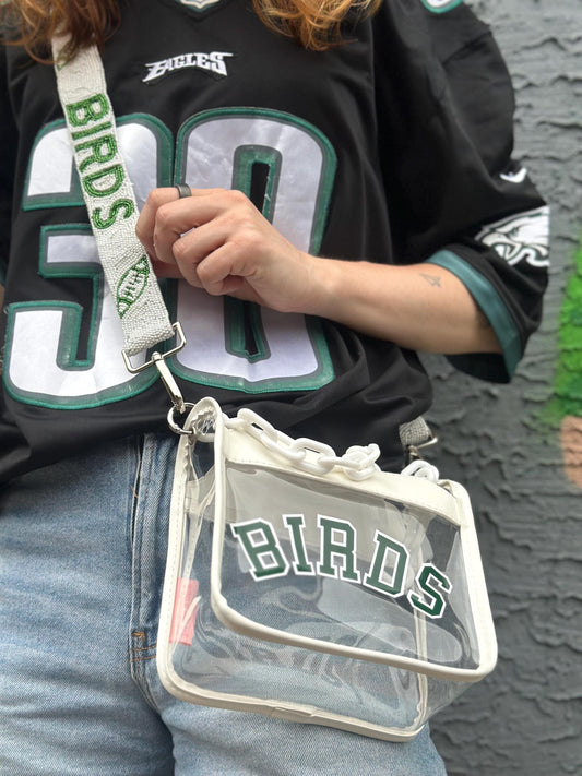 BIRDS Clear Crossbody Bag with White BIRDS Strap