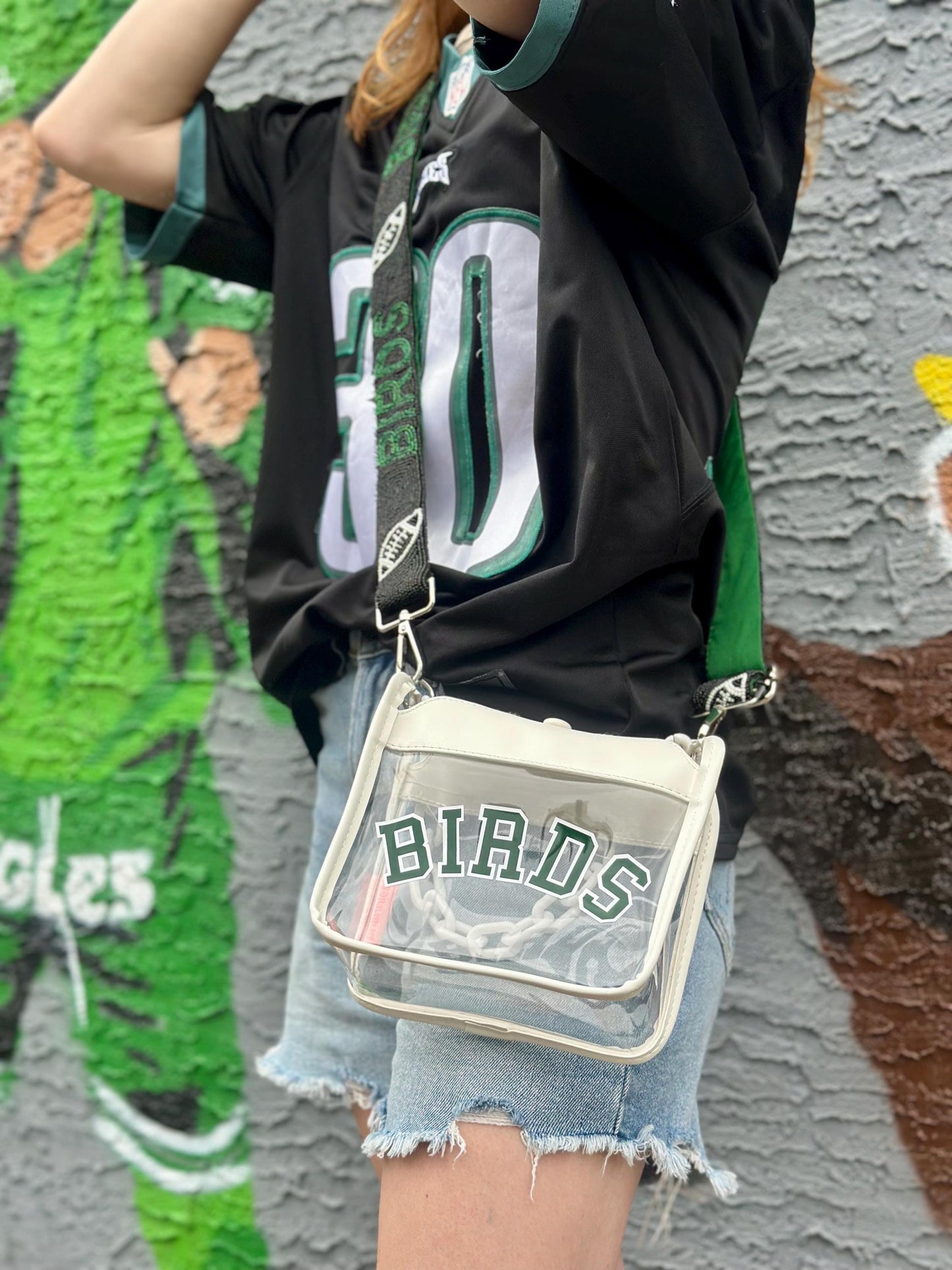 White Birds Stadium Approved Bag | Green & Black + Birds Beaded Strap | Black, Green & White