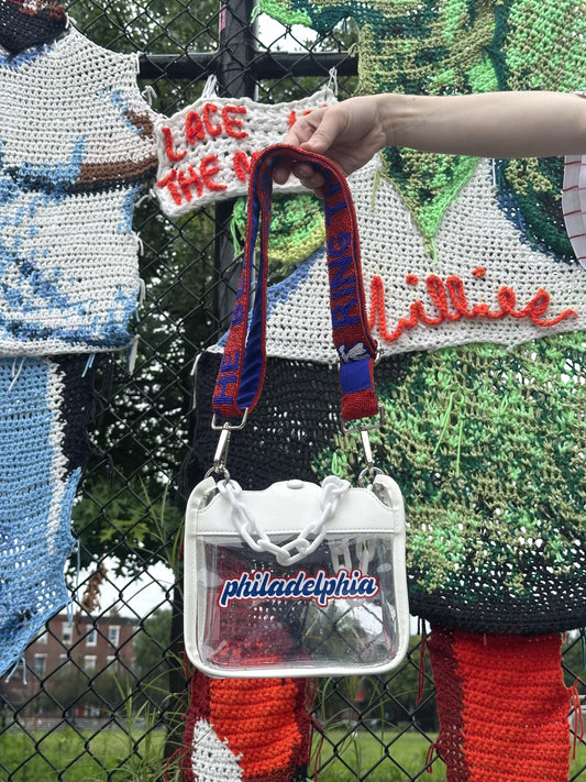 philadelphia White Clear Crossbody Bag with RING THE BELL Beaded Strap | Red & Blue