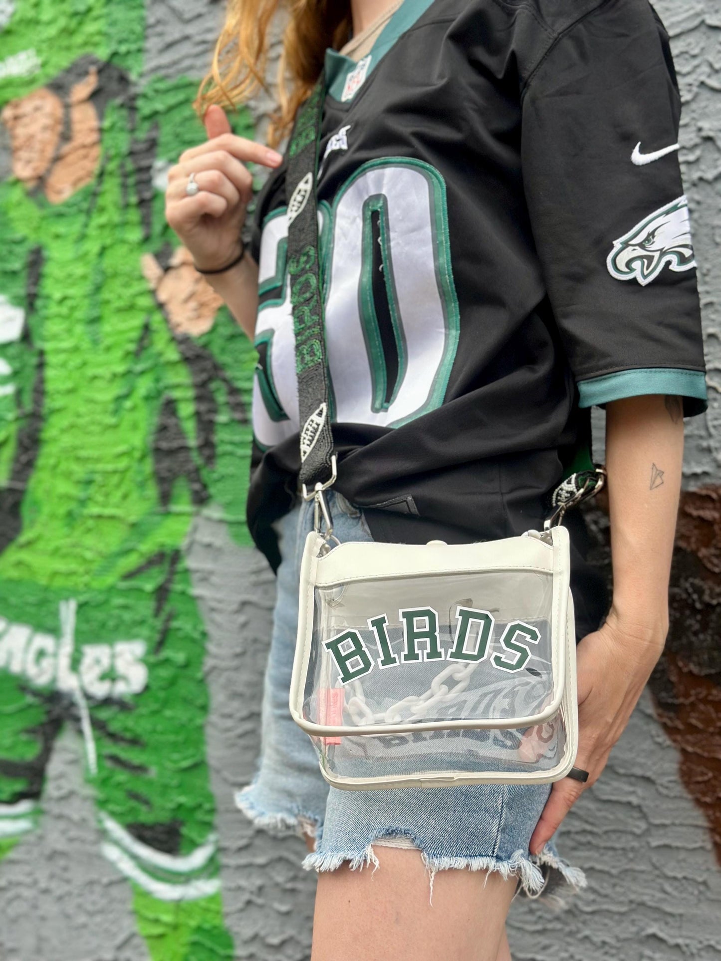 White Birds Stadium Approved Bag | Green & Black + Birds Beaded Strap | Black, Green & White