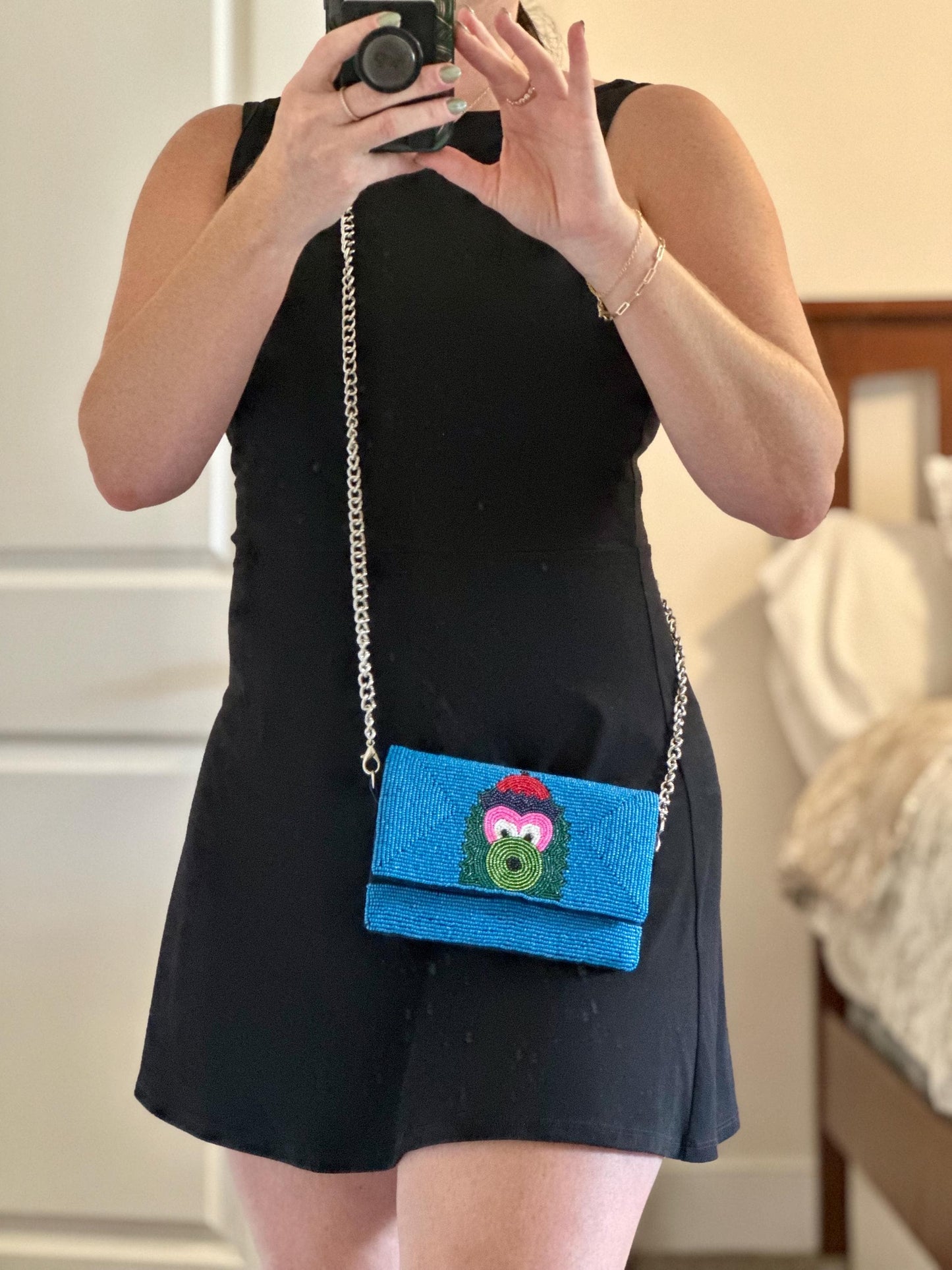 STADIUM-APPROVED- Philadelphia Baseball Blue Beaded Clutch with Shoulder Chain- Straight across flap