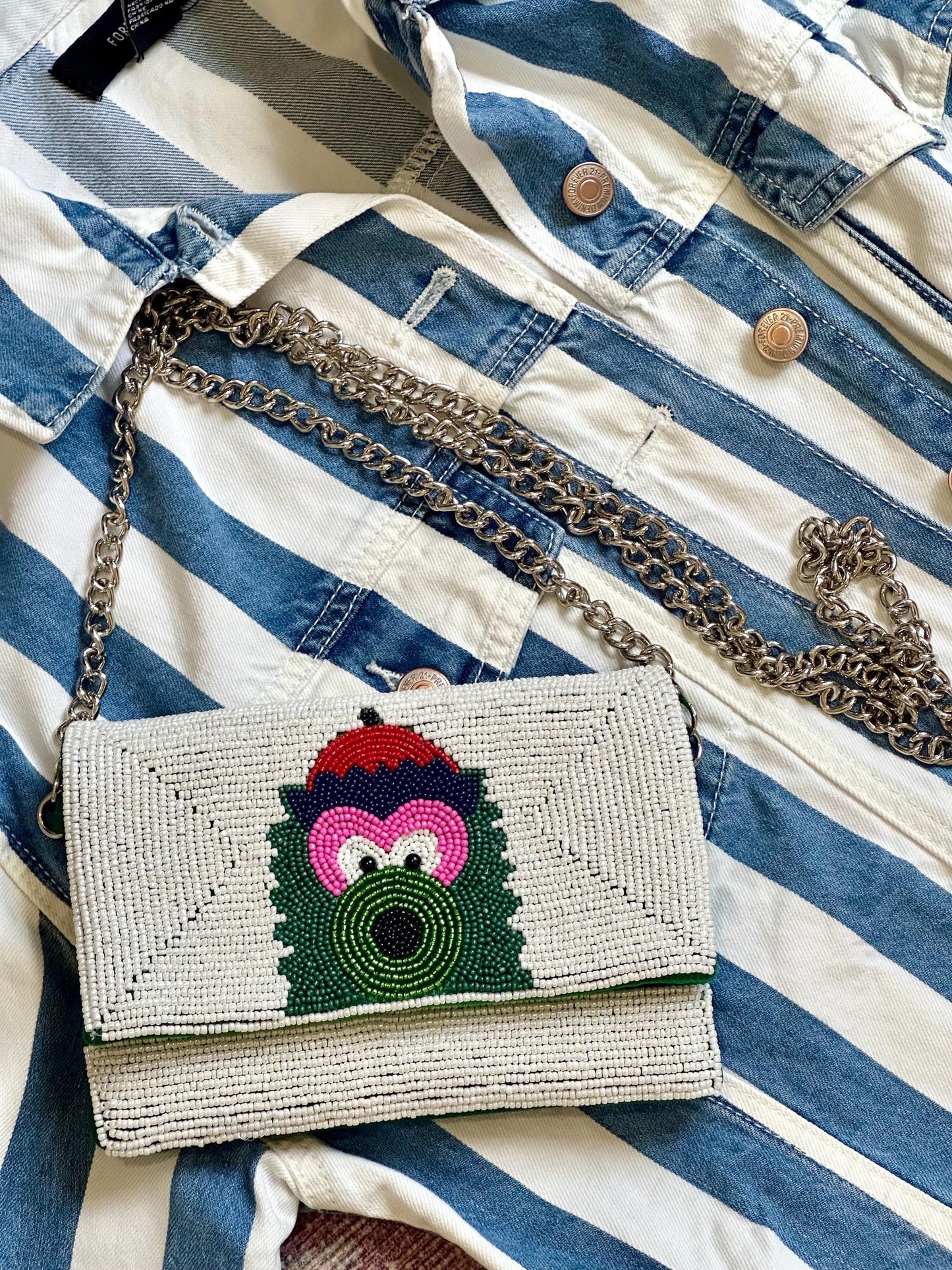 STADIUM-APPROVED- Philadelphia Baseball White Beaded Clutch with Shoulder Chain- Straight across flap