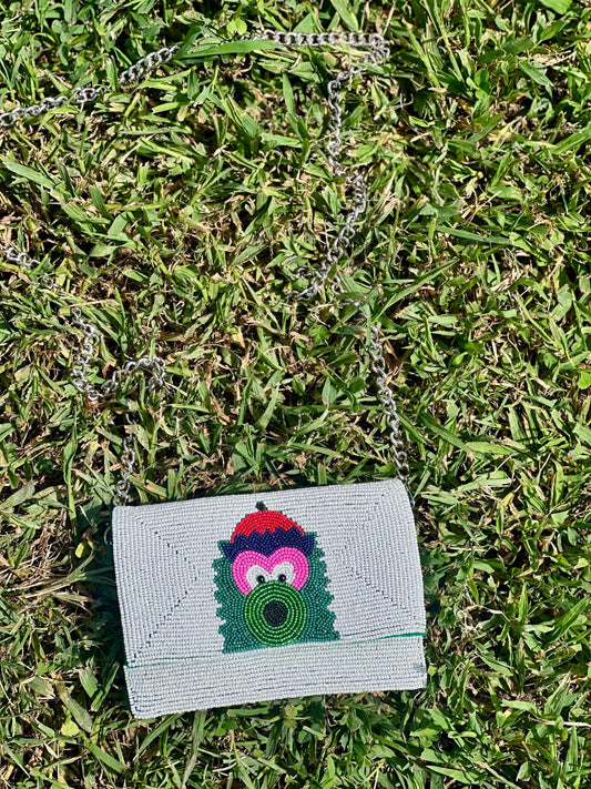 STADIUM-APPROVED- Philadelphia Baseball White Beaded Clutch with Shoulder Chain- Straight across flap