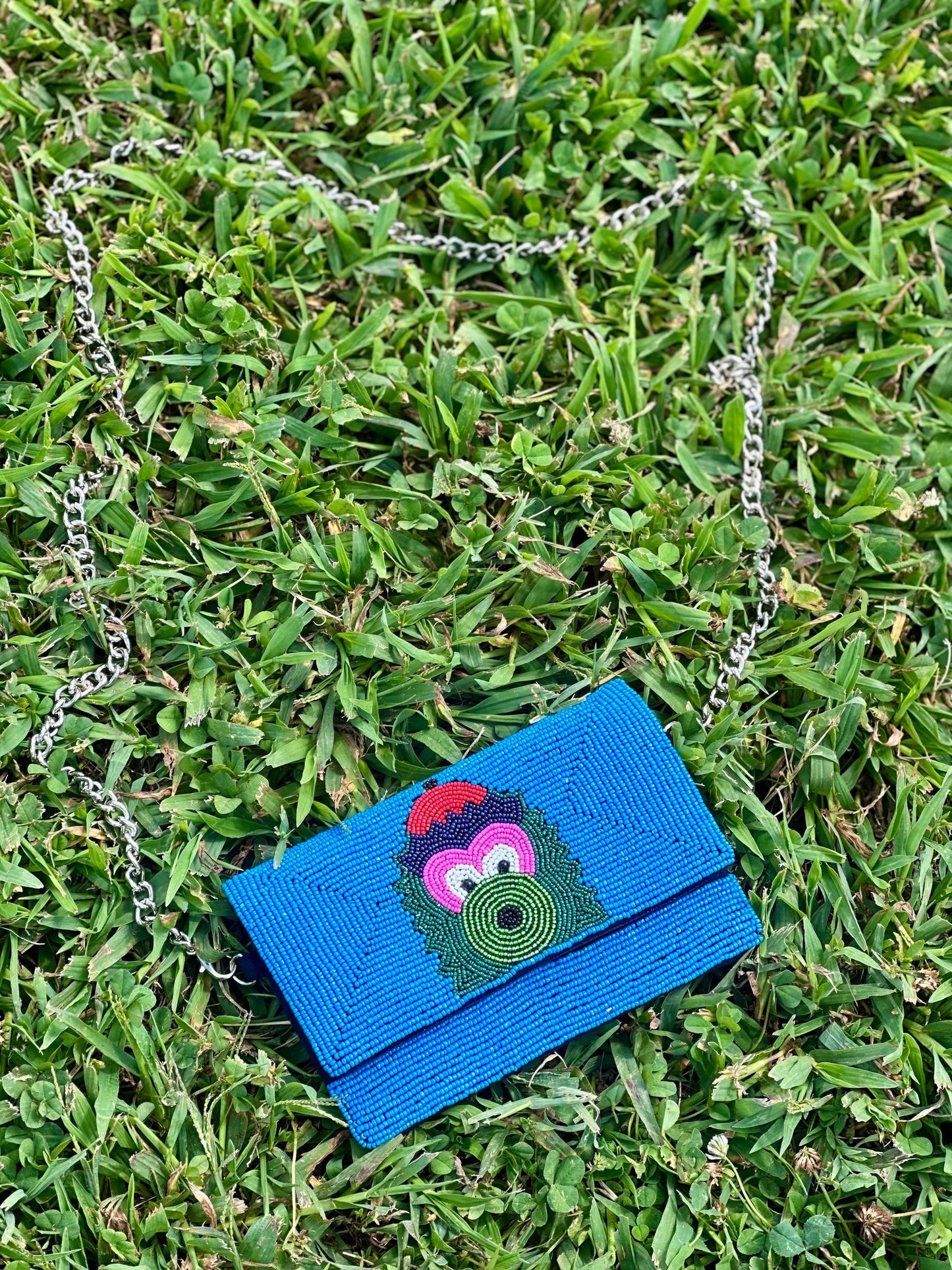 STADIUM-APPROVED- Philadelphia Baseball Blue Beaded Clutch with Shoulder Chain- Straight across flap