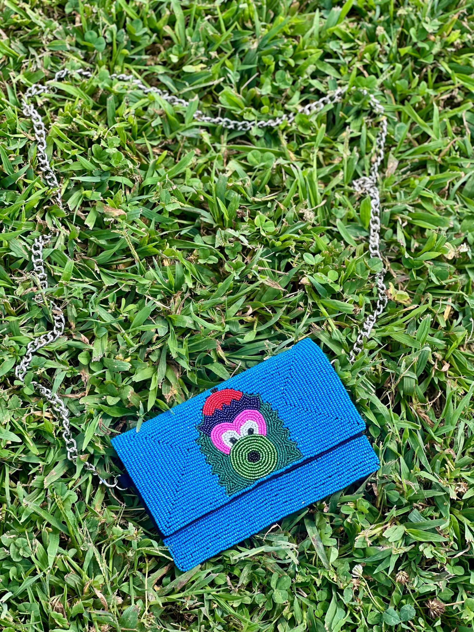 STADIUM-APPROVED- Philadelphia Baseball Blue Beaded Clutch with Shoulder Chain- Straight across flap