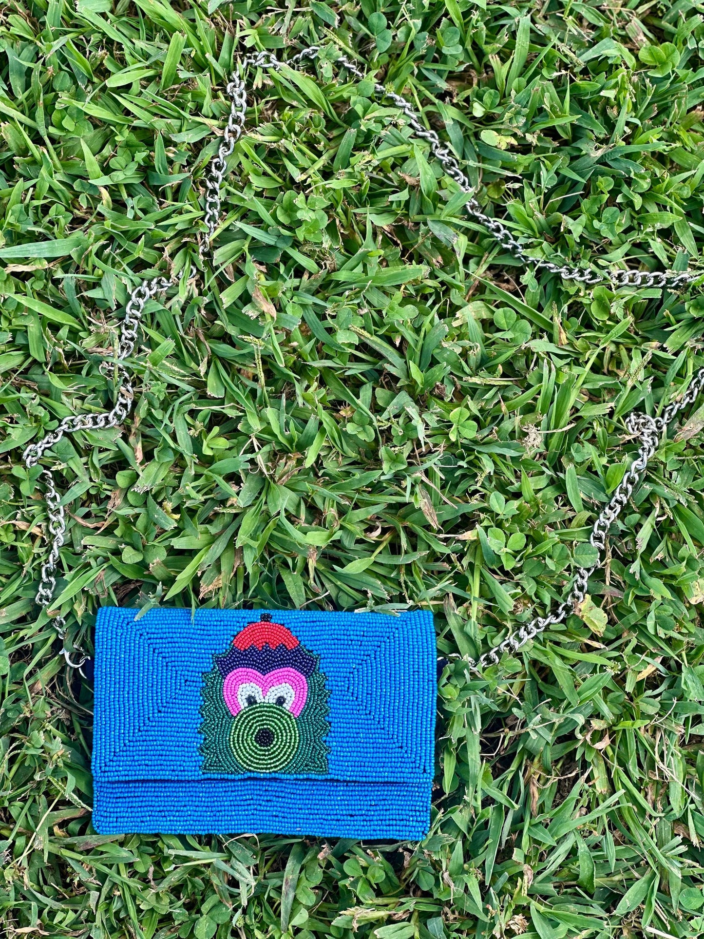 STADIUM-APPROVED- Philadelphia Baseball Blue Beaded Clutch with Shoulder Chain- Straight across flap