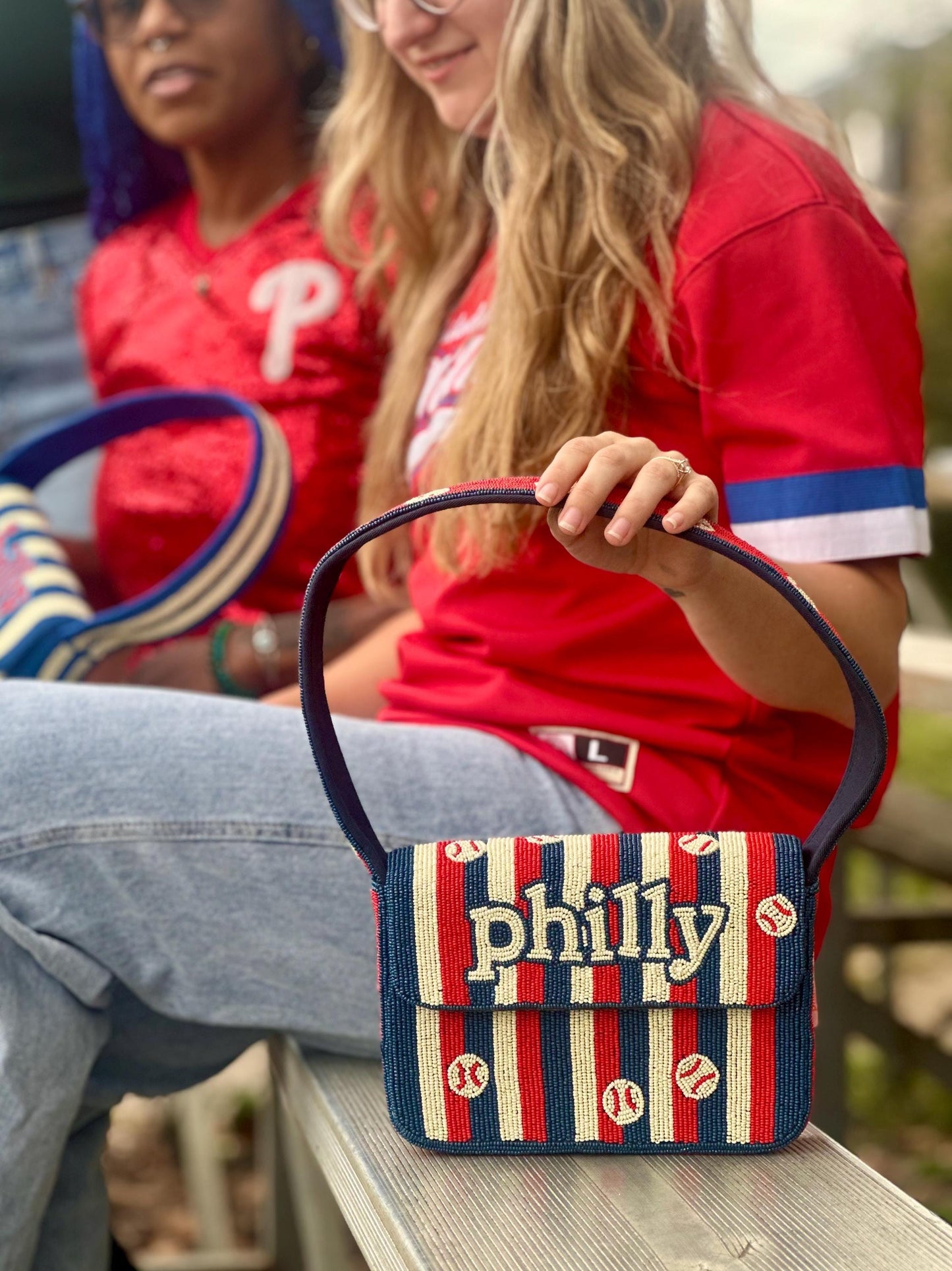 philly Baseball Striped Beaded Shoulder Bag
