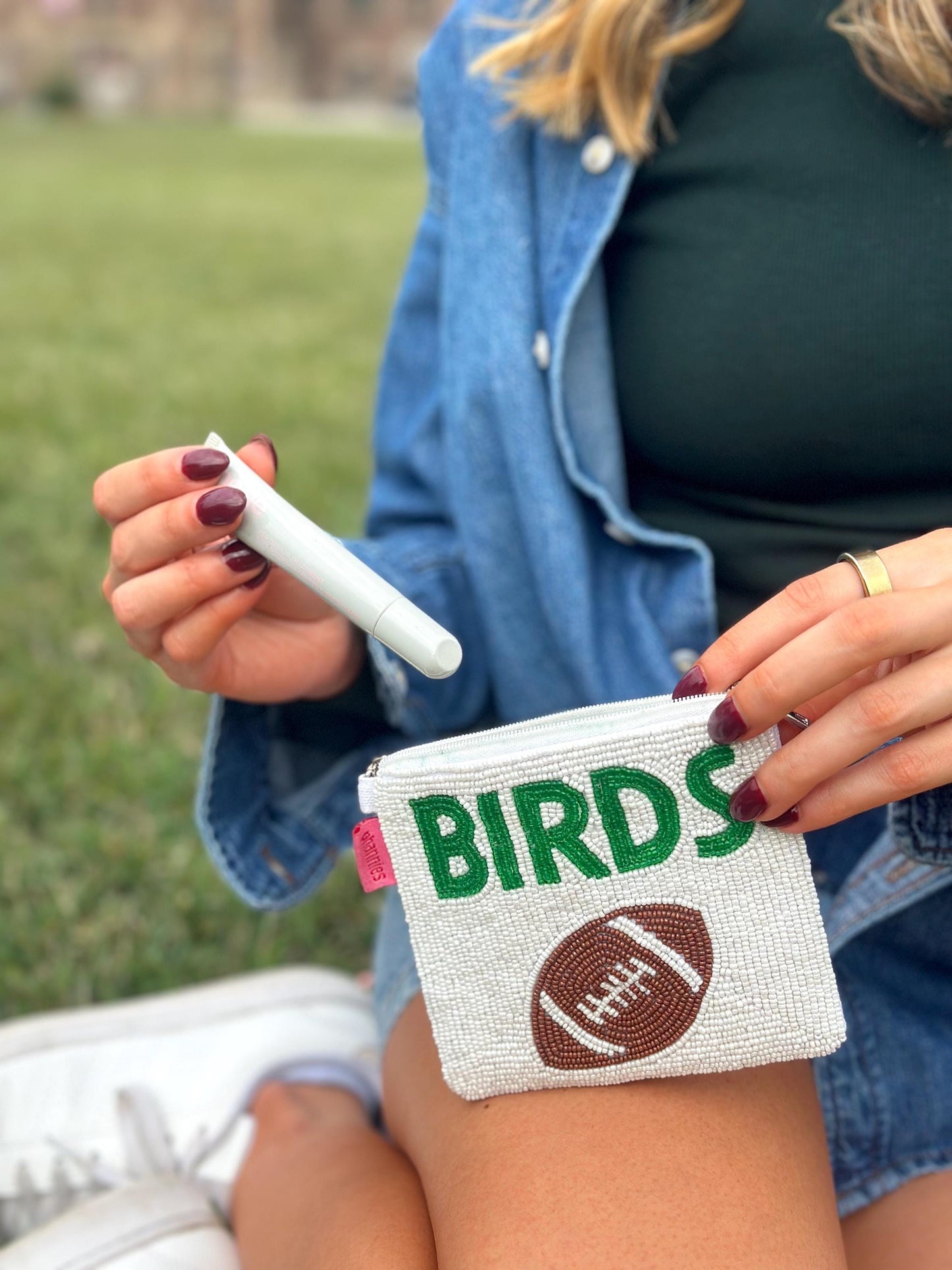 BIRDS Beaded Coin Purse – White | Handmade Statement Pouch | Stadium Approved | Quirky Gift | Game Day Accessory