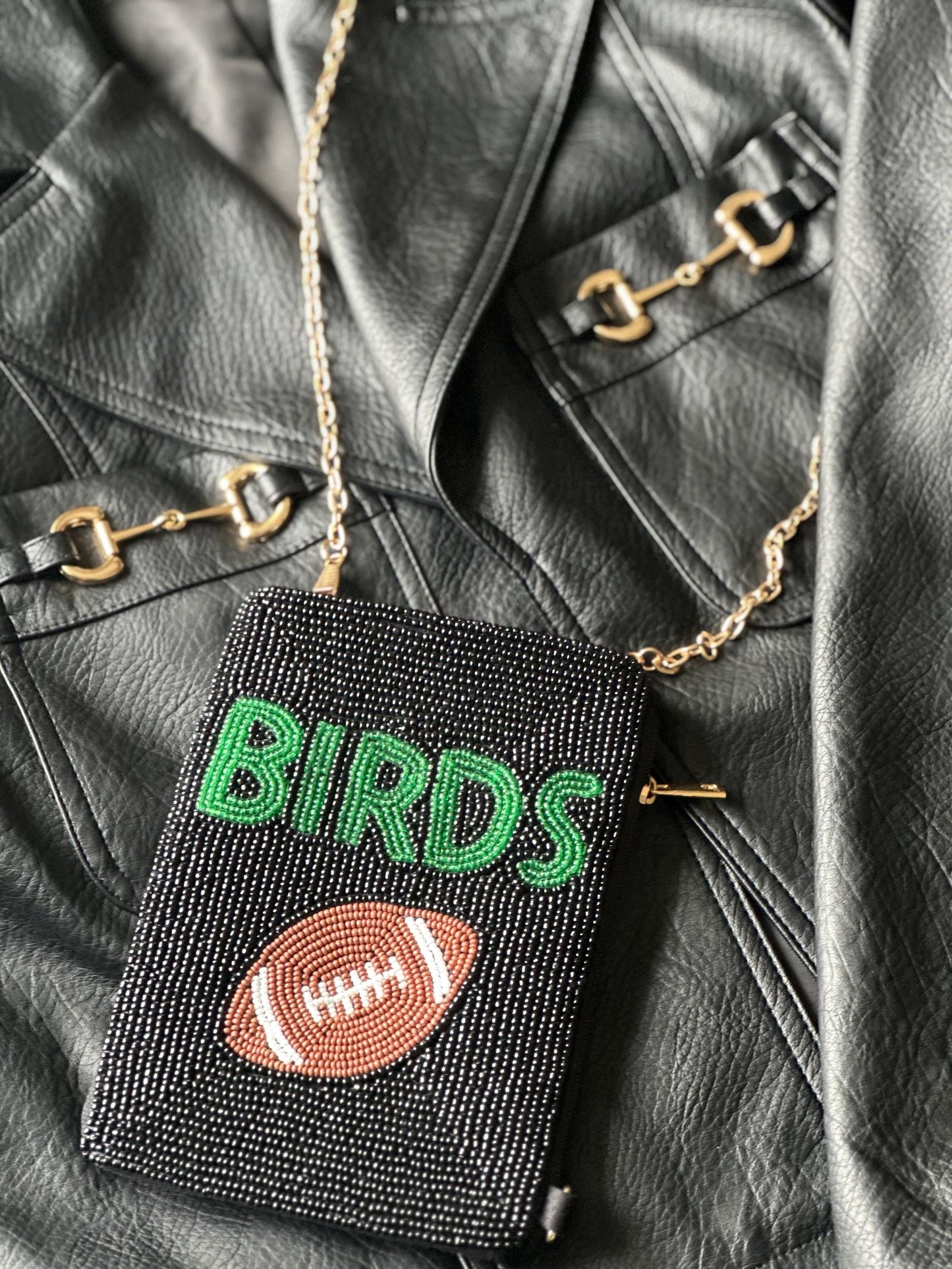 Philadelphia Football Black "BIRDS" Beaded Cell Phone Crossbody – Handmade Crossbody Bag | Game Day Fashion | Stadium Approved