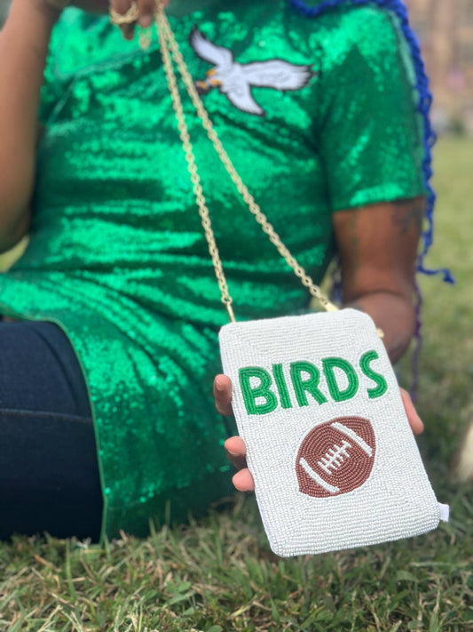 Philadelphia Football White "BIRDS" Beaded Phone Crossbody – Handmade Crossbody Bag | Game Day Fashion | Stadium Approved