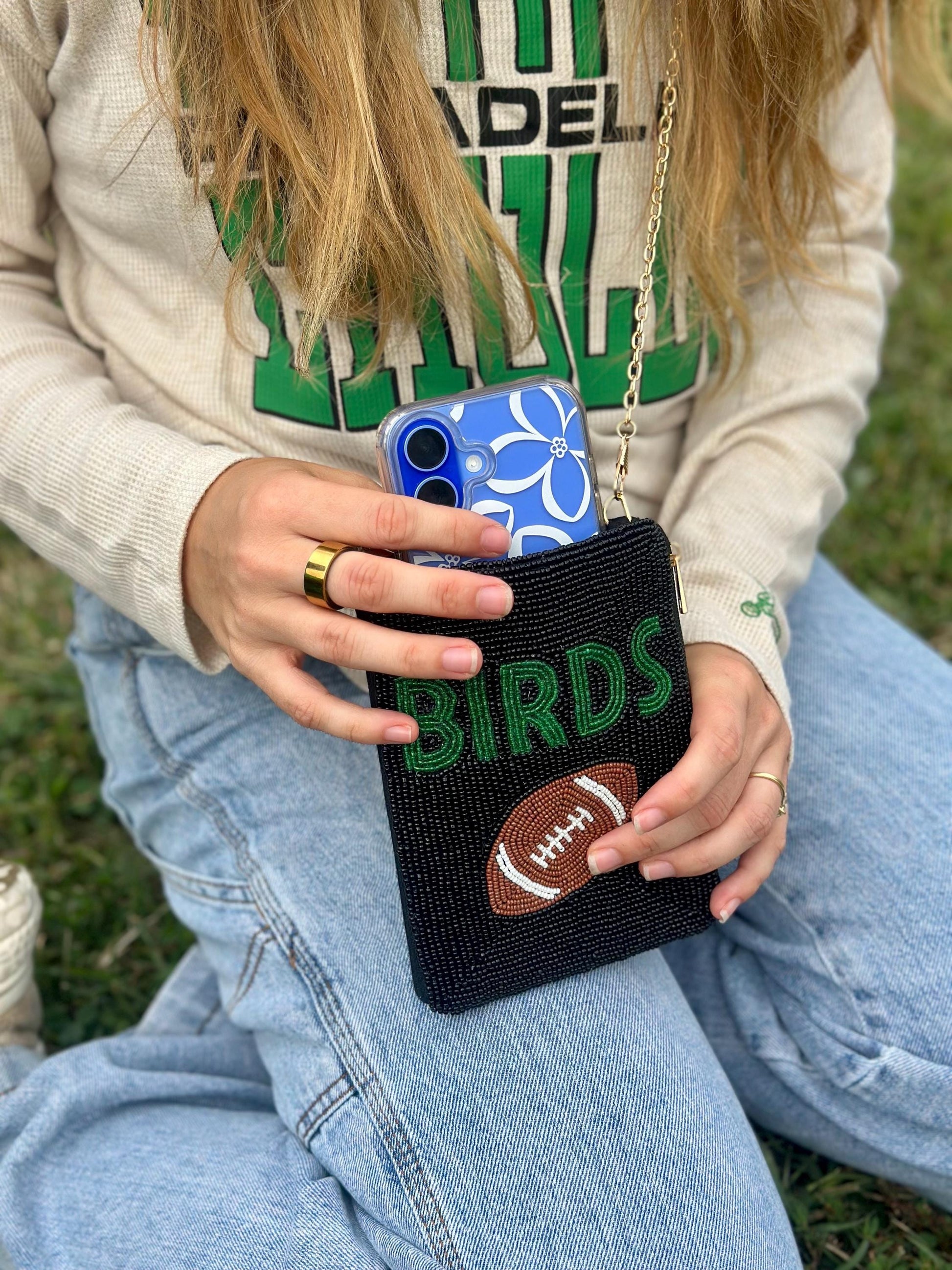 Philadelphia Football White "BIRDS" Beaded Phone Crossbody – Handmade Crossbody Bag | Game Day Fashion | Stadium Approved
