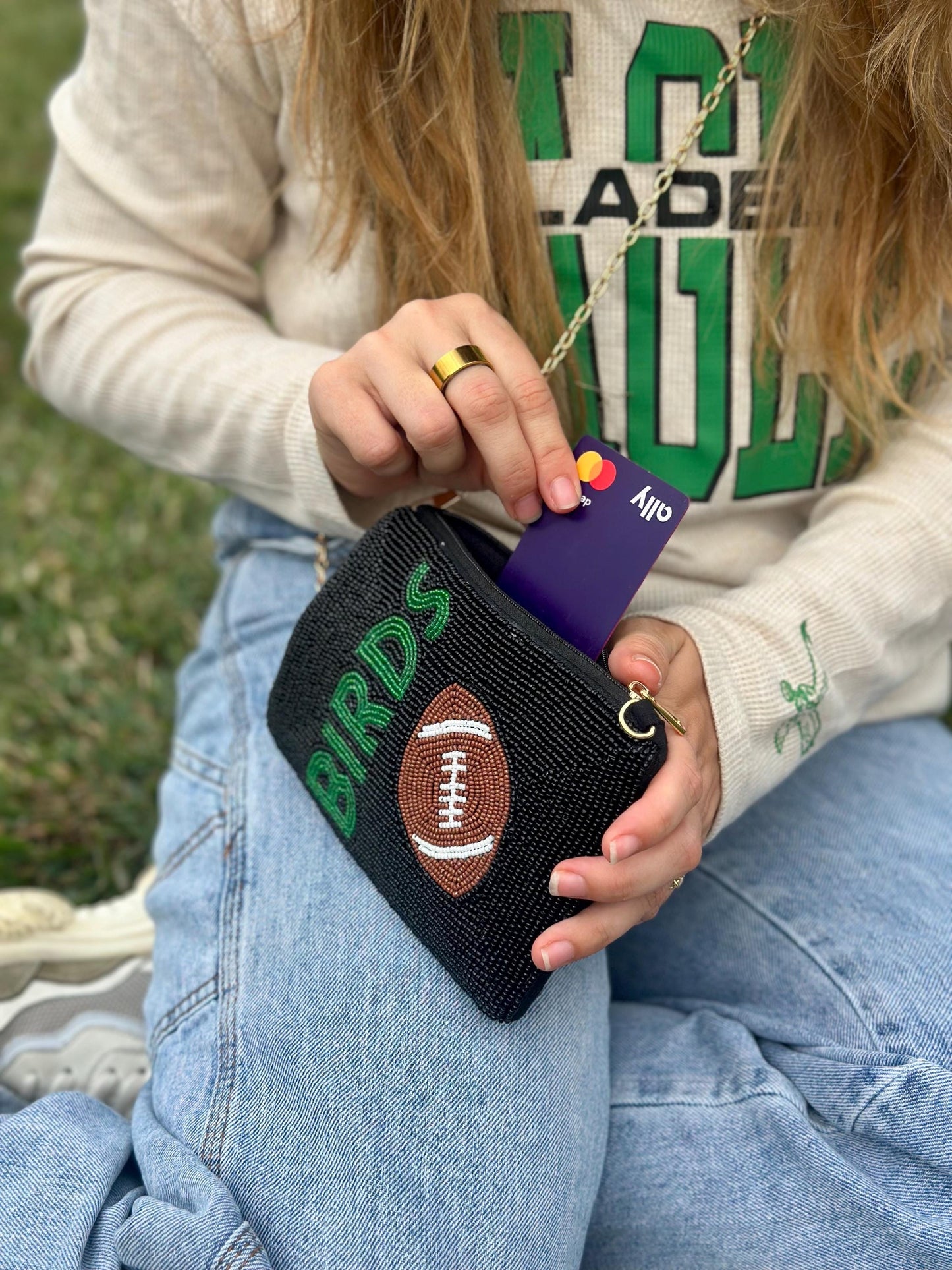 Philadelphia Football White "BIRDS" Beaded Phone Crossbody – Handmade Crossbody Bag | Game Day Fashion | Stadium Approved