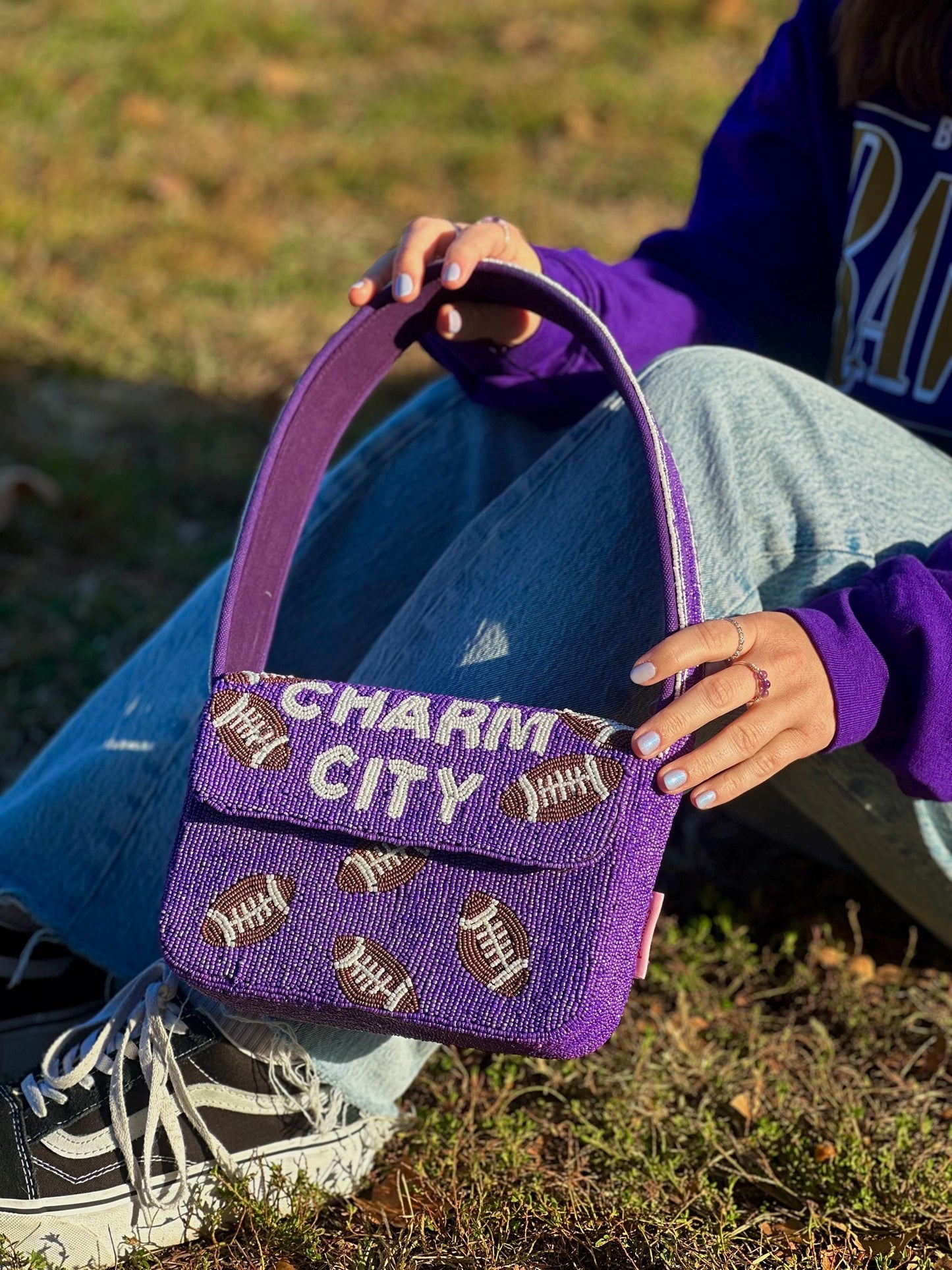 CHARM CITY Football Beaded Shoulder Bag