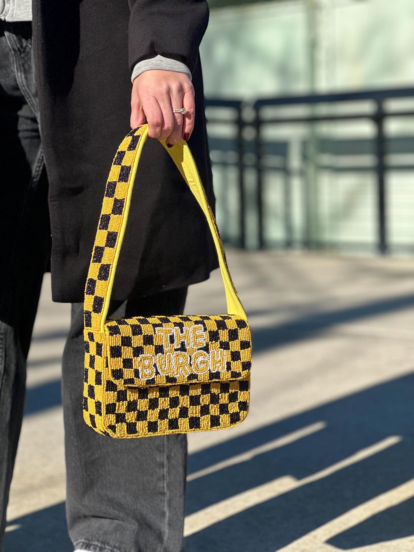 Pittsburgh White & Yellow Checkered "THE BURGH" Beaded Shoulder Bag – Handmade Shoulder Bag | Game Day Fashion | NOT Stadium Approved