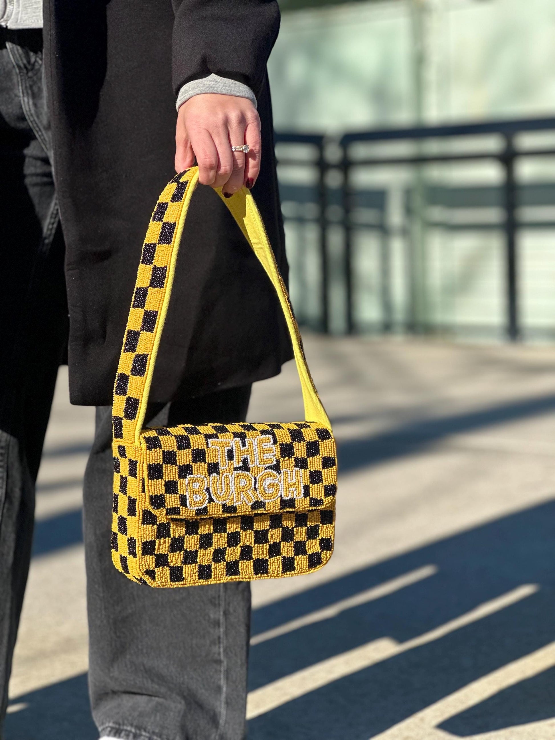 Pittsburgh White & Yellow Checkered "THE BURGH" Beaded Shoulder Bag – Handmade Shoulder Bag | Game Day Fashion | NOT Stadium Approved