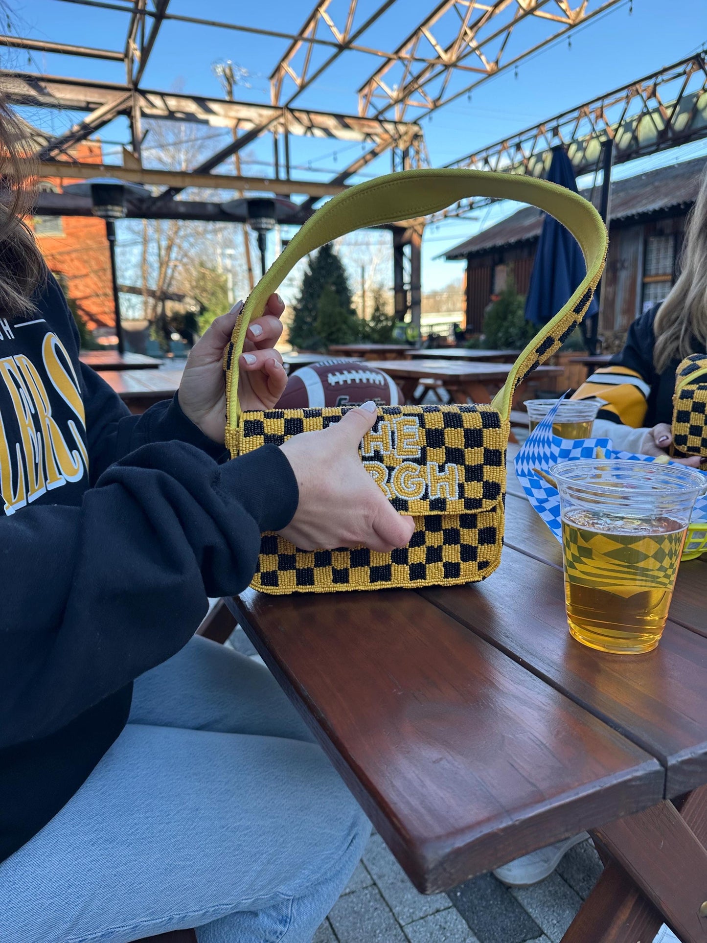 Pittsburgh White & Yellow Checkered "THE BURGH" Beaded Shoulder Bag – Handmade Shoulder Bag | Game Day Fashion | NOT Stadium Approved